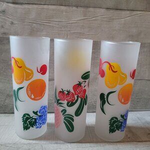 Set Of 3 Vintage Federal Frosted Glasses With Fruit Design